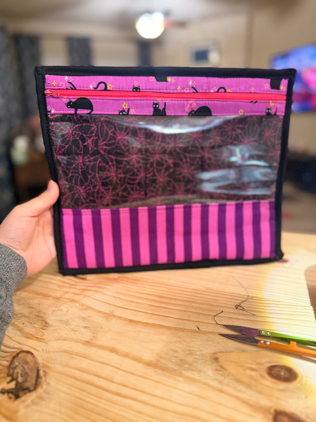 Pink Stripe with Cats Clear Vinyl Pouch - No 1